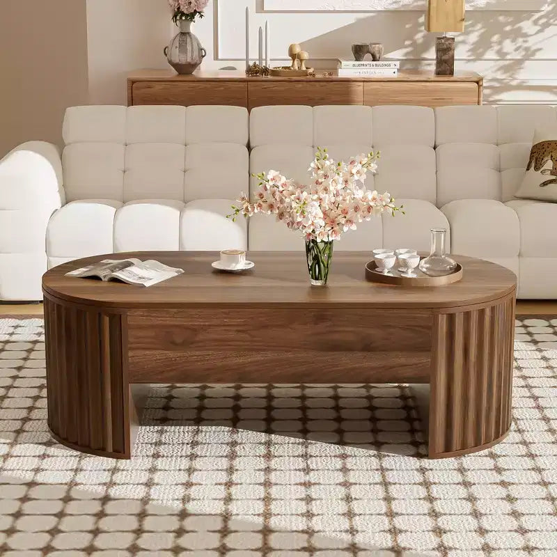 47,2-Zoll-Couchtisch mit Liftfunktion und verborgenem Fach, oval, braun