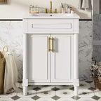 Meuble-lavabo de salle de bains de 24 pouces avec lavabo en céramique, meuble de style Shaker, 2 portes à fermeture amortie et structure en bois massif pour petite salle de bains ou cabinet de toilette