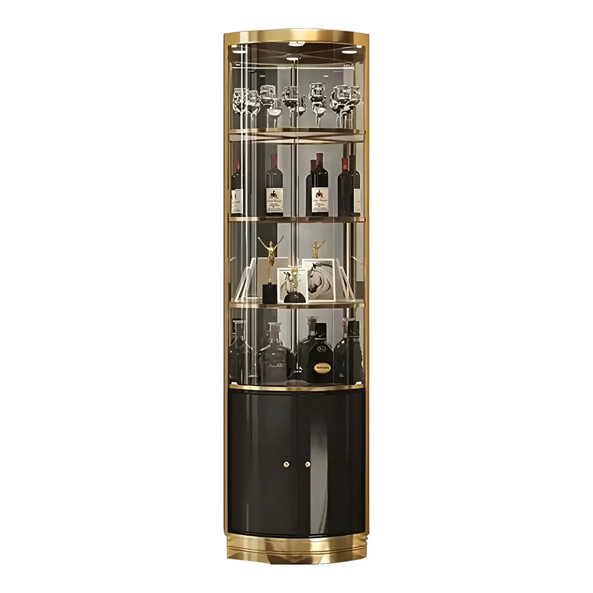 Vitrina de canto glamorosa com vidro brilhante e metal dourado, de formato arredondado