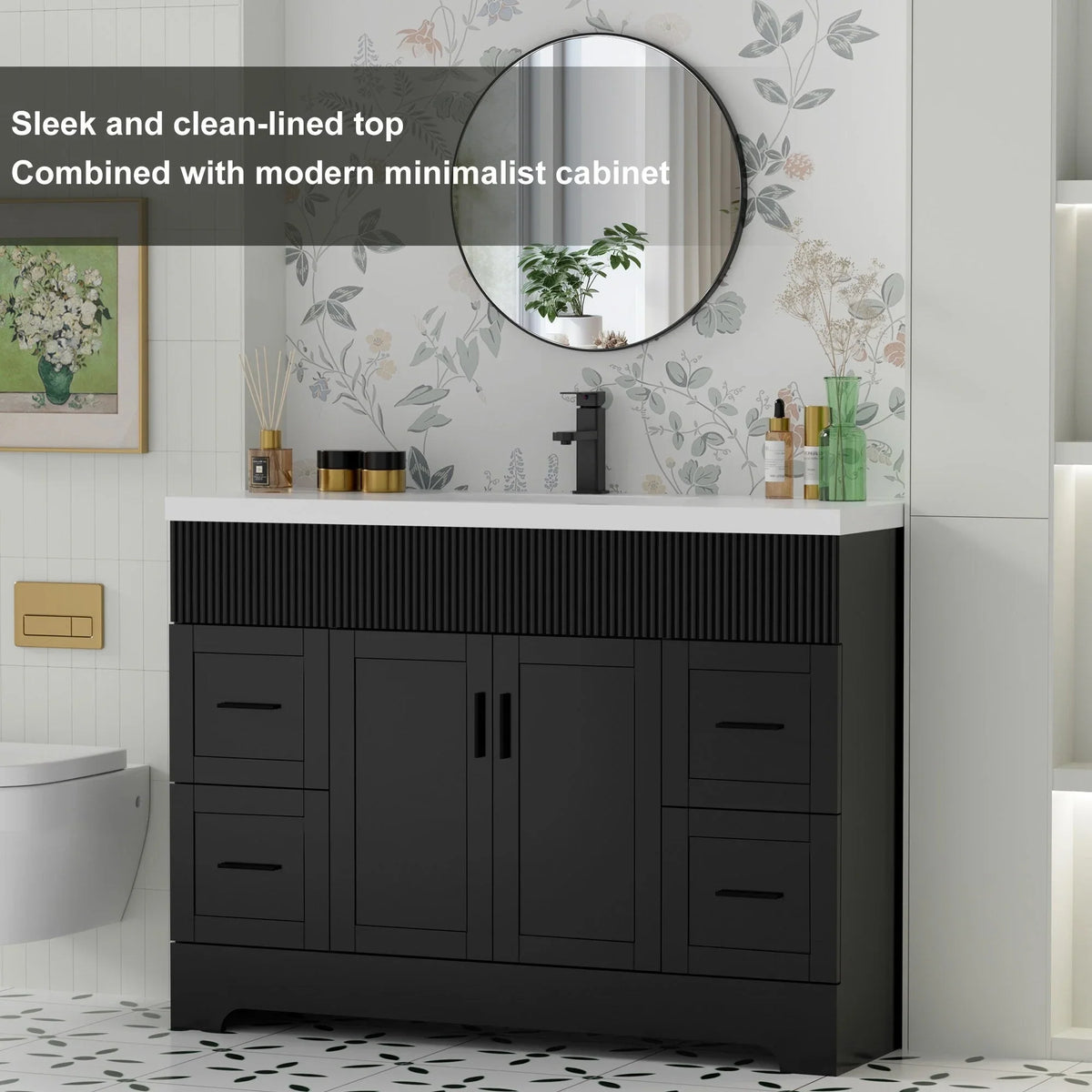 Wavy Line Badezimmermöbel-Set mit Waschbecken und Wasserhahn, 30/36/48 Zoll