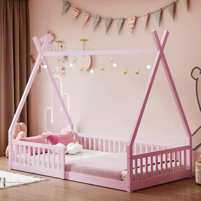 Lit au sol pour enfants, lits-tentes 1 place, lit Montessori au sol avec lattes et barrières, cadre de lit cabane en bois pour garçons et filles