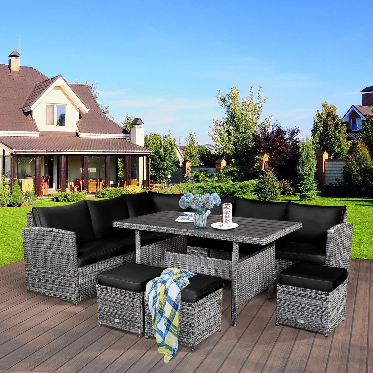 Costway 7-teiliges Dining-Set aus Polyrattan für die Terrasse mit Ecksofa, Couch und Hocker – Details anzeigen