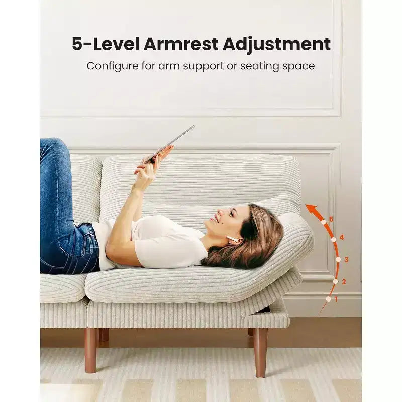 Cord-Schlafsofa mit 168 cm Breite, verstellbarer Rückenlehne und Armlehnen, geeignet für kleine Räume, Wohnzimmer oder Büros, als Futonsofa
