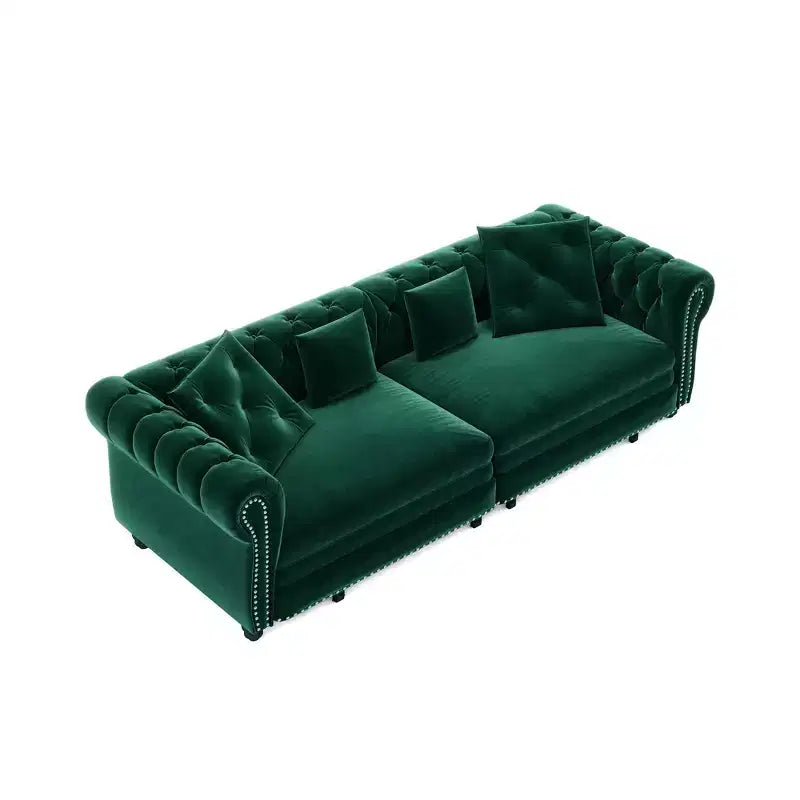 Whisen fluwelen 3-in-1 kingsize slaapbank en converteerbare slaapbank met verplaatsbare hocker, gecapitonneerd ontwerp