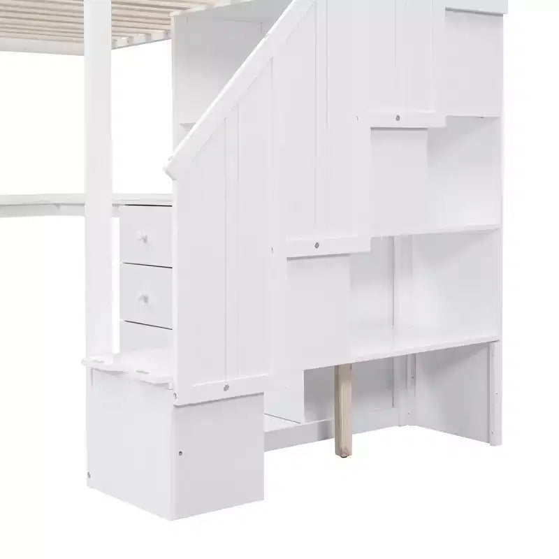 Hochbett in Twin-Größe mit L-förmigem Schreibtisch, 3 Schubladen, Schrank und Stauraum in der Treppe, Konstruktion aus massivem Kiefernholz/MDF