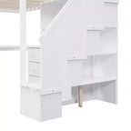 Hochbett in Twin-Größe mit L-förmigem Schreibtisch, 3 Schubladen, Schrank und Stauraum in der Treppe, Konstruktion aus massivem Kiefernholz/MDF