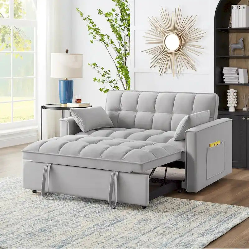 Sofá-cama de 2 lugares 4 em 1 com braços e bolsos de arrumação, sofá-cama extraível multifunções com encosto ajustável