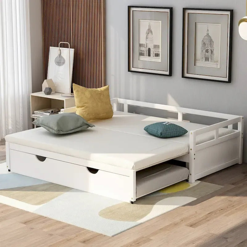 Letto da giorno allungabile con letto estraibile, letto da giorno in legno con letto estraibile