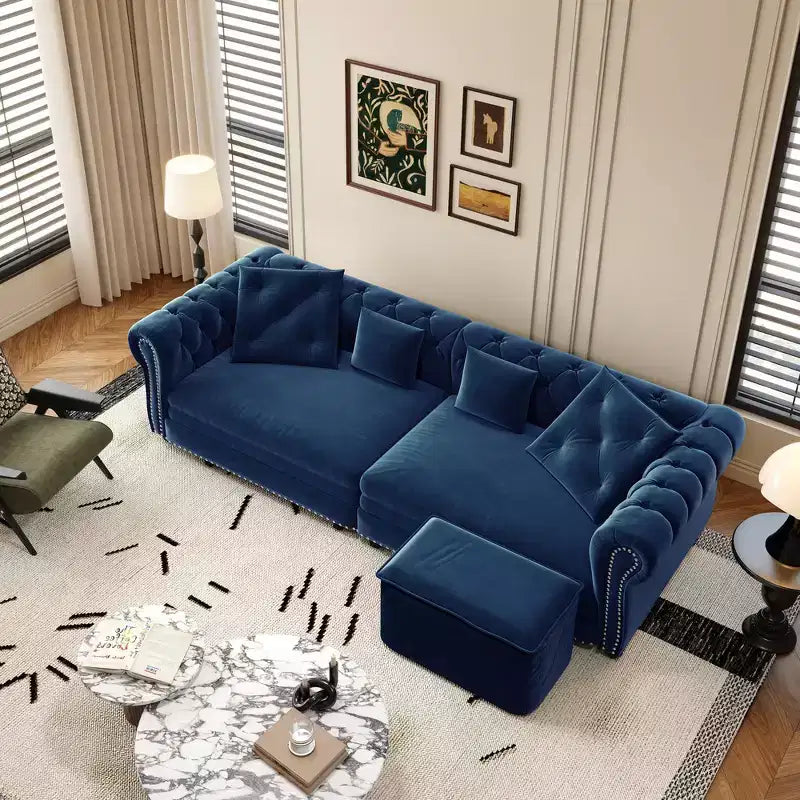 Whisen fluwelen 3-in-1 kingsize slaapbank en converteerbare slaapbank met verplaatsbare hocker, gecapitonneerd ontwerp