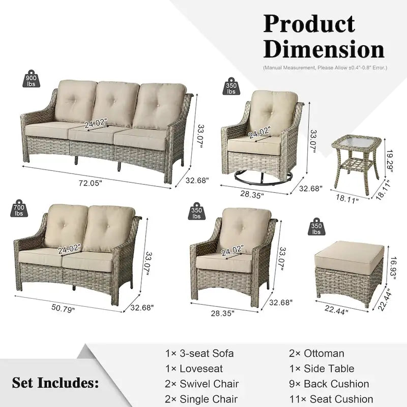 Ensemble de conversation de mobilier de patio extérieur XIZZI en 9 pièces avec fauteuil pivotant