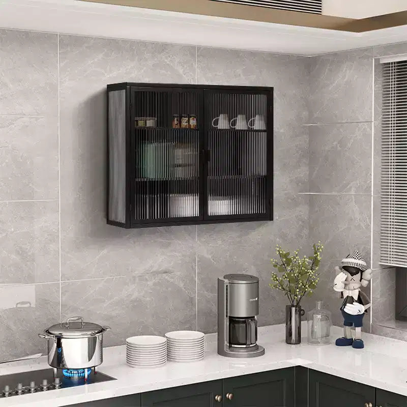 Meuble mural moderne Okak à 2 portes avec rangement à 3 niveaux et portes vitrées, pour entrée/salle à manger/salon/cuisine