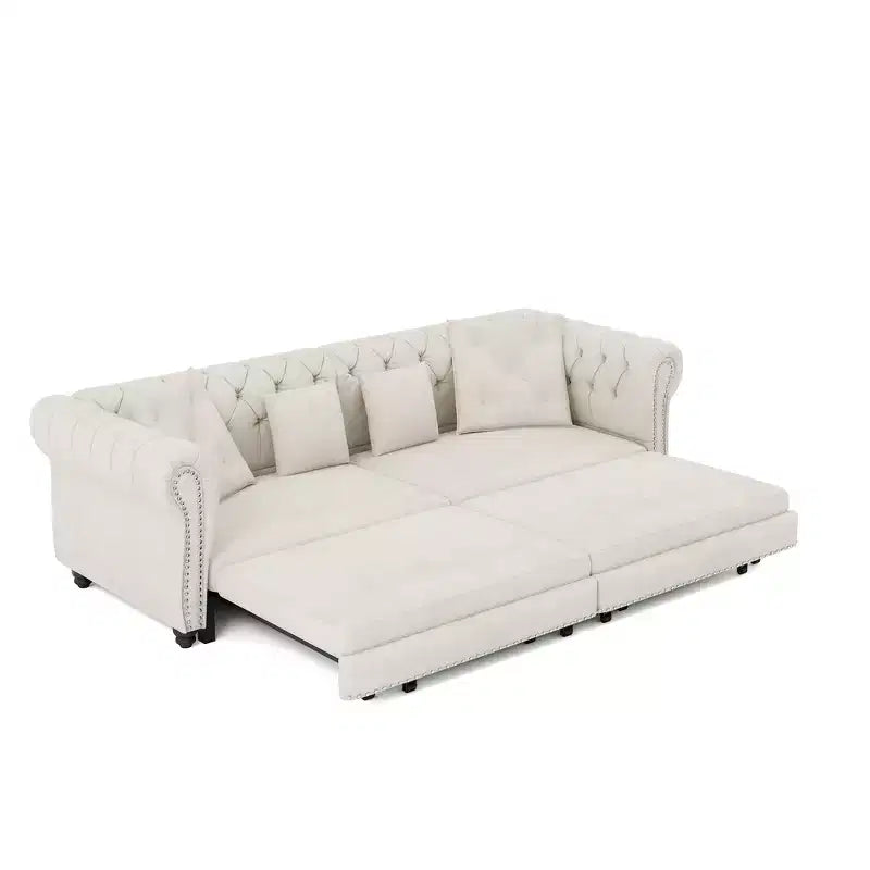 Whisen fluwelen 3-in-1 kingsize slaapbank en converteerbare slaapbank met verplaatsbare hocker, gecapitonneerd ontwerp