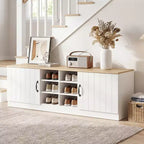 Banc à chaussures à 2 portes avec étagères réglables et espace de rangement dissimulé, naturel + blanc/Whi5te