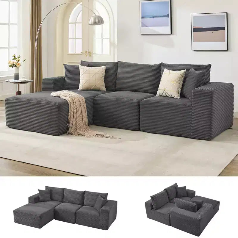 108 modernes Sofa, 3-Sitzer-Sofa in L-Form mit Polsterbezug und Kissen, Sofa mit tiefer Sitzfläche, keine Montage erforderlich