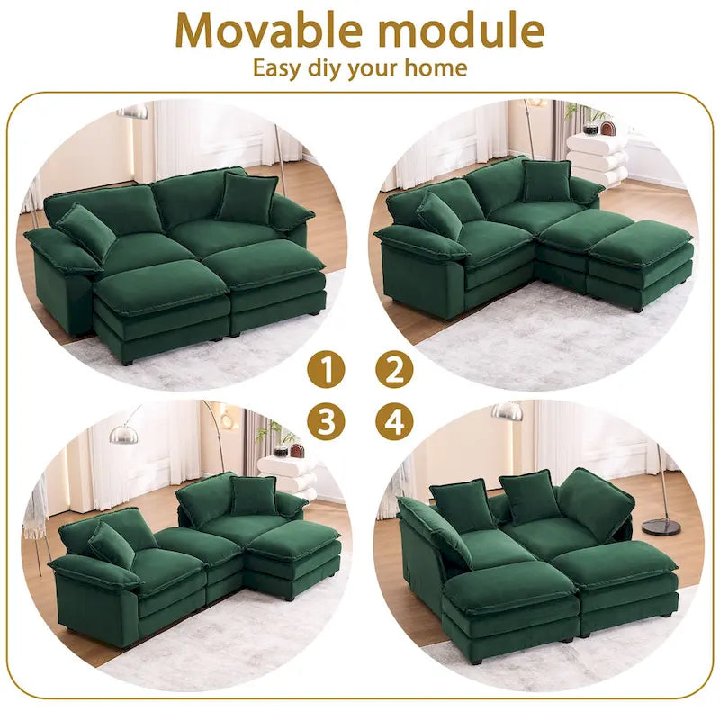 Zweisitzer-Sofa mit 2 Sitzkissen, 2 Kissen und 2 Hockern, bequemes Sofa – tiefes Wohnzimmer-Sofa, modulares Sofa