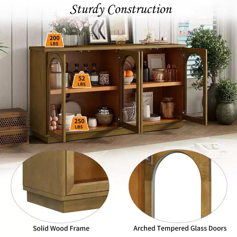 Großes Buffet-Sideboard mit 4 Türen und Glastüren, gewölbter Schrank mit verstellbaren Einlegeböden für die Küche