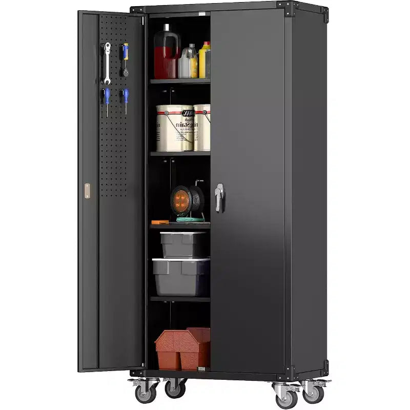 Armoire de rangement de garage à roulettes avec panneau perforé, armoire métallique verrouillable de 72 pouces de hauteur avec 2 portes et 4 étagères réglables pour atelier de garage