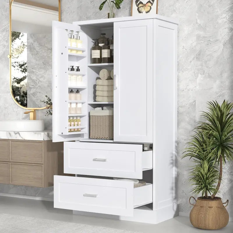 Tall Bathroom Storage Cabinet, Cabinet with Two Doors and Drawers, Adjustable Shelf, MDF Board