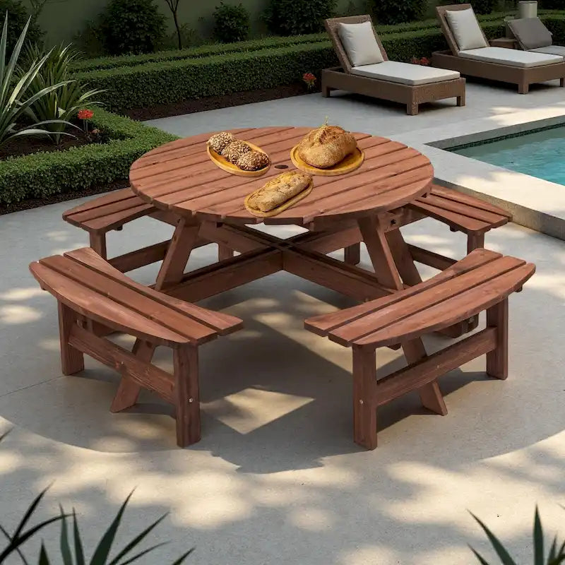 Conjunto de refeições redondo para piqueniques no exterior, em madeira de abeto, para 8 pessoas, com 4 bancos integrados e orifício para guarda-sol