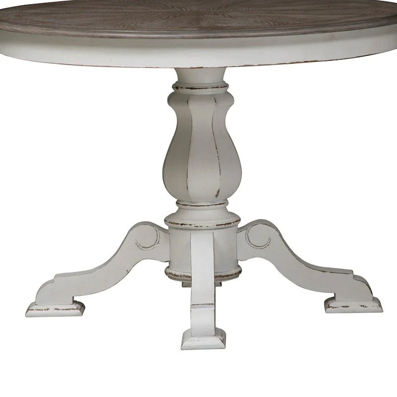 Mesa de jantar redonda com pé central Magnolia Manor e extensões - 2 acabamentos