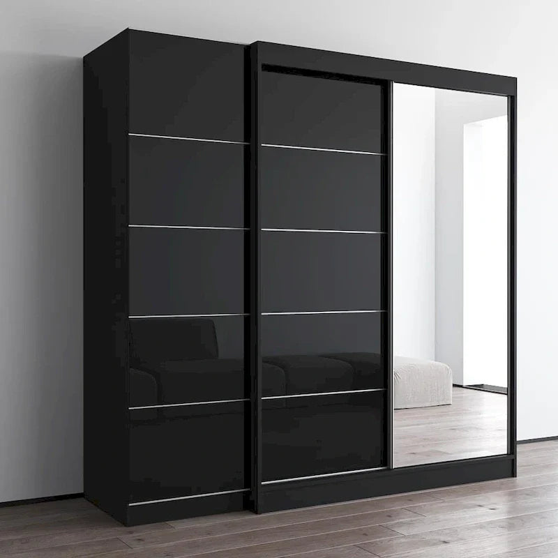 Roupeiro de 2 portas com espelho, frente de vidro, para 2 pessoas (cinzento / preto / branco)