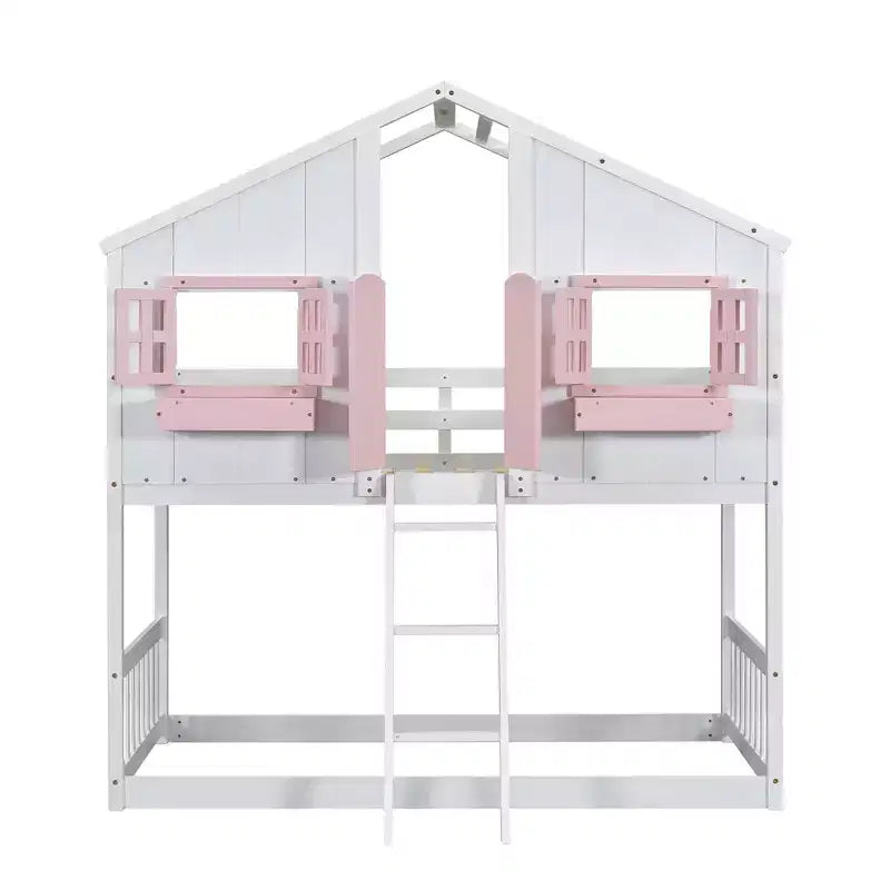 Cama alta de tamanho Twin em forma de casa, cama alta de madeira tipo casinha com escada e barreiras de proteção para crianças
