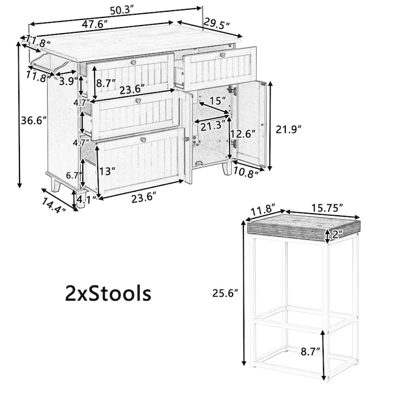 Ensemble îlot de cuisine TOPMAX avec rallonge rabattable et 2 places assises, ensemble table à manger avec étagère réglable, tiroirs et porte-serviettes