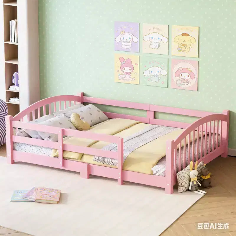 Lit Montessori bas Luxystar, taille double, avec barrières de sécurité et tête de lit