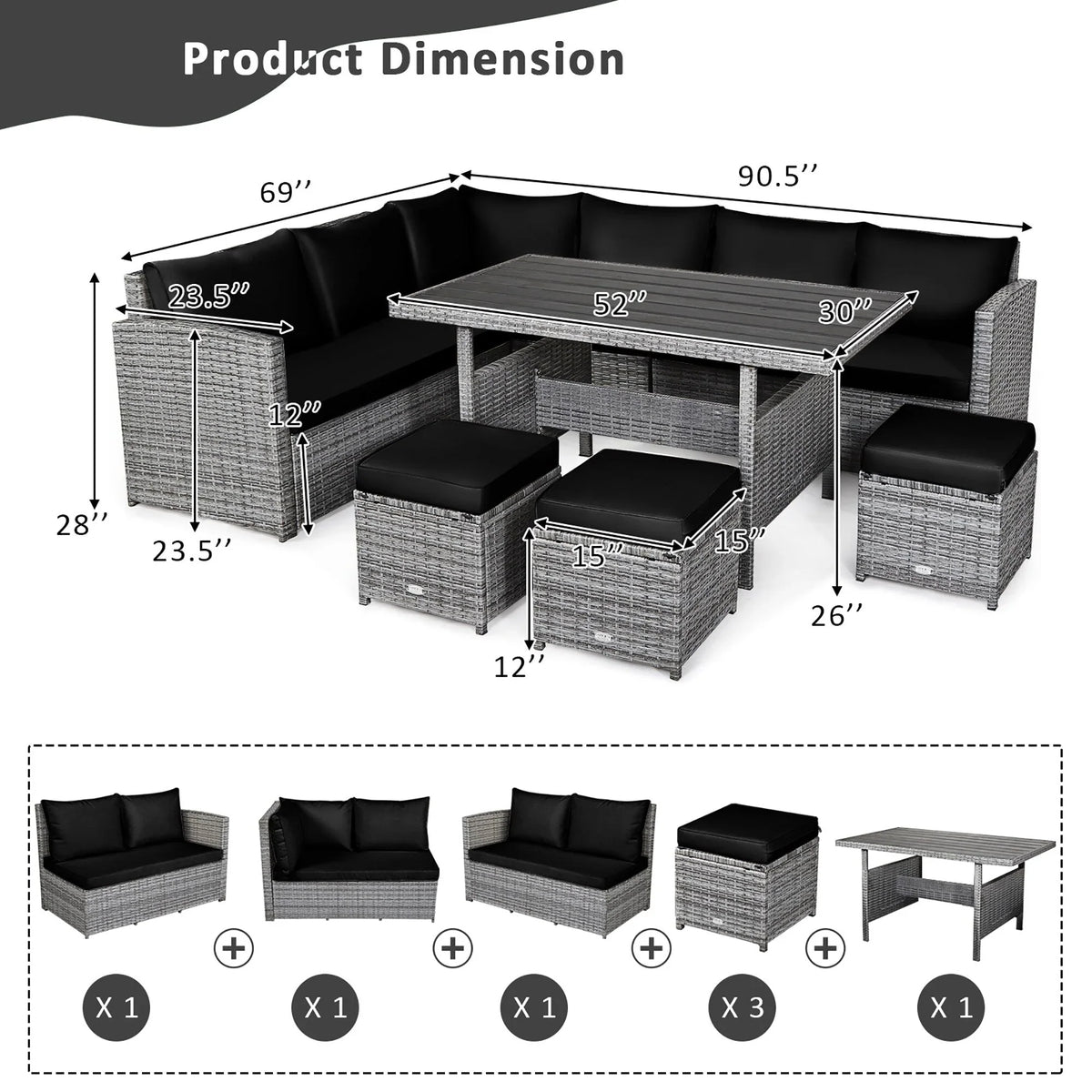 Costway 7-teiliges Dining-Set aus Polyrattan für die Terrasse mit Ecksofa, Couch und Hocker – Details anzeigen