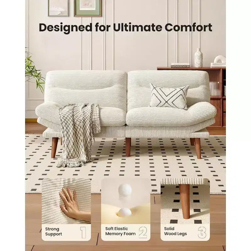 Cord-Schlafsofa mit 168 cm Breite, verstellbarer Rückenlehne und Armlehnen, geeignet für kleine Räume, Wohnzimmer oder Büros, als Futonsofa