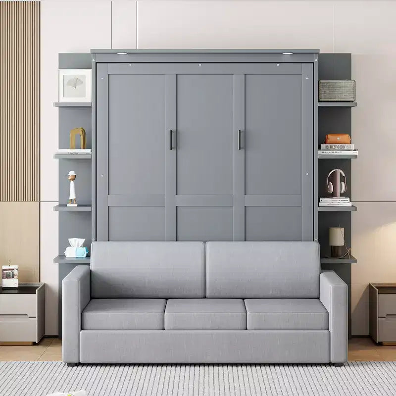 Whisen modernes Murphy-Bett in Queensize mit Holzrahmen, Wandbett mit Sofa und Regalen