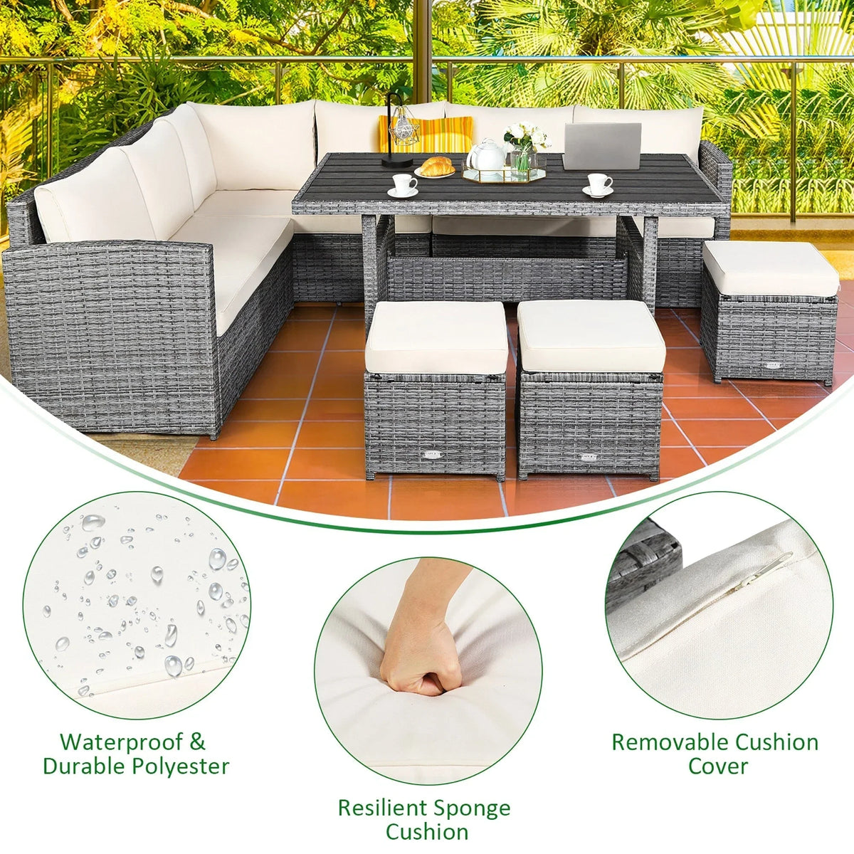 Costway 7-teiliges Dining-Set aus Polyrattan für die Terrasse mit Ecksofa, Couch und Hocker – Details anzeigen