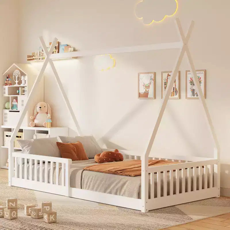 Lit au sol pour enfants, lits-tentes 1 place, lit Montessori au sol avec lattes et barrières, cadre de lit cabane en bois pour garçons et filles