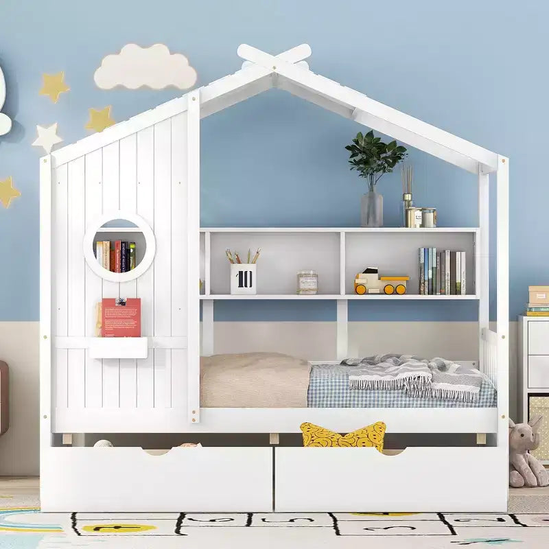 Dřevěná dětská postel ve tvaru domečku, rozměr Twin/Full, se 2 zásuvkami a úložnou policí - ModernLuxe