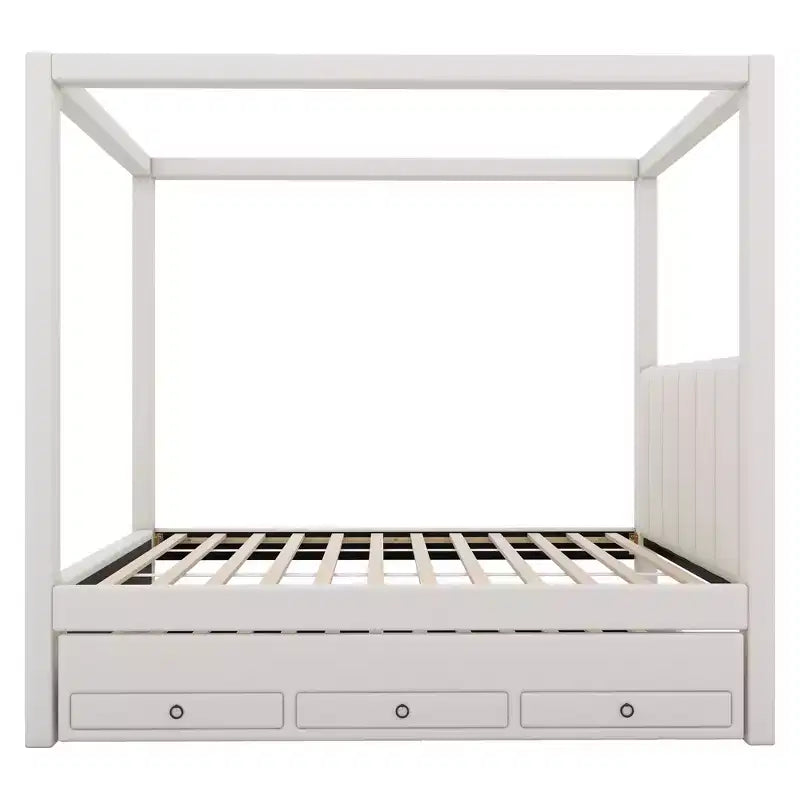 Cama de plataforma com dossel estofada em linho, tamanho de casal, com cama auxiliar e três gavetas de arrumação