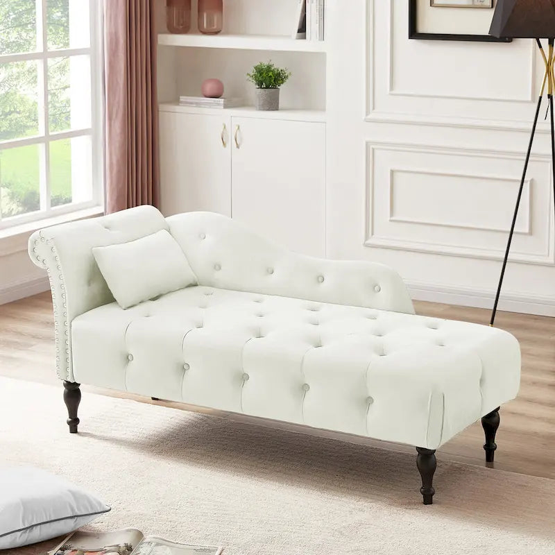 Moderne chaise longue van 60,6 inch met fluwelen bekleding, gecapitonneerde knopen, massief houten poten en sierspijkers