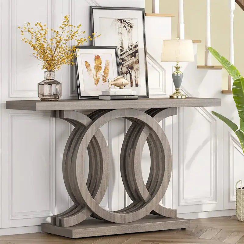 Mesa de consola vintage com base geométrica, mesa de madeira para corredor