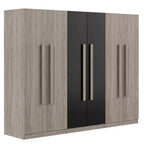 Armário roupeiro 83W com 6 portas, armário de roupa com 2 gavetas, varões para pendurar e prateleiras de arrumação, preto+natural-ModernLuxe