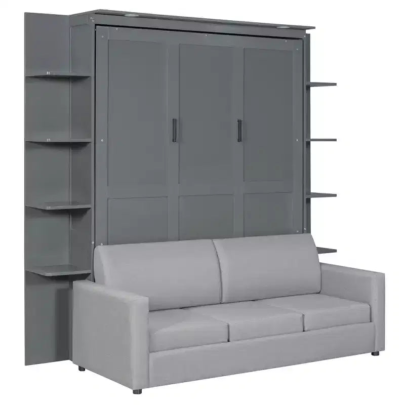 Whisen modernes Murphy-Bett in Queensize mit Holzrahmen, Wandbett mit Sofa und Regalen