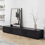 Minimalistický TV stolek se zásuvkami, masivní dřevěná mediální konzole s úložnými skříňkami, výklopnými dvířky, ořechovou dýhou, plně sestavený
