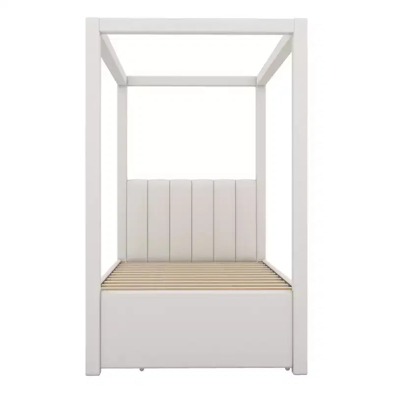 Cama de plataforma com dossel estofada em linho, tamanho de casal, com cama auxiliar e três gavetas de arrumação