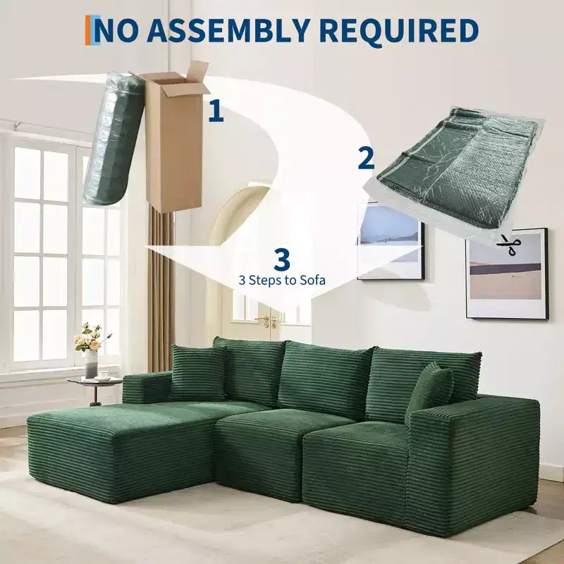 108 modernes Sofa, 3-Sitzer-Sofa in L-Form mit Polsterbezug und Kissen, Sofa mit tiefer Sitzfläche, keine Montage erforderlich