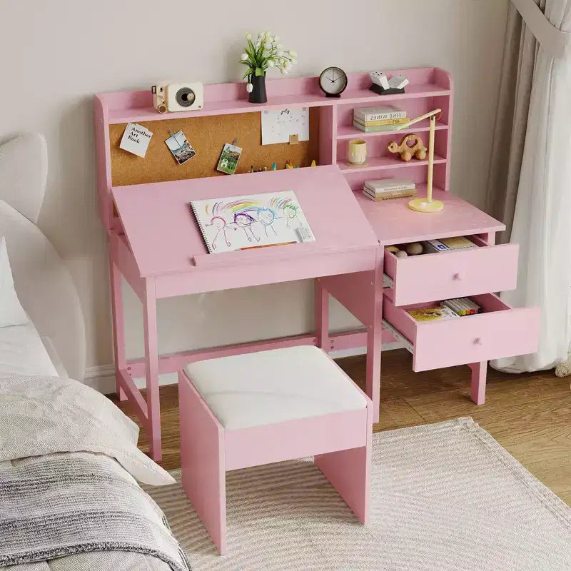 Ensemble bureau et chaise pour enfants, table d’étude en bois avec plateau inclinable réglable, tiroirs et tableau en liège – ensemble bureau d’apprentissage scolaire pour enfants