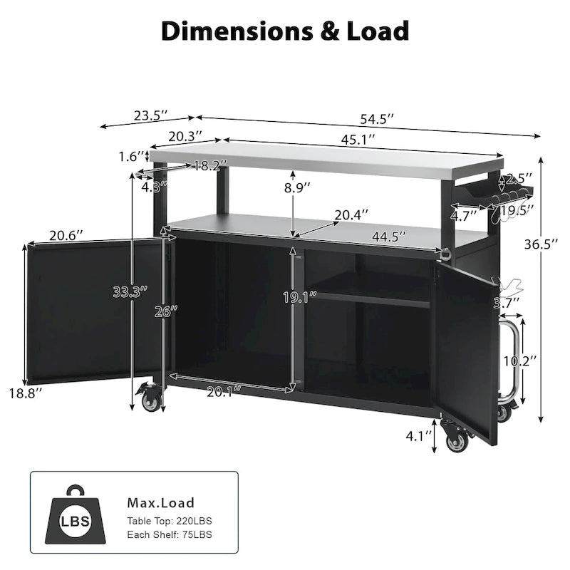 Isola da cucina per esterni con piano in acciaio inox, tavolo carrello per barbecue in metallo con mobiletto contenitore - N/A