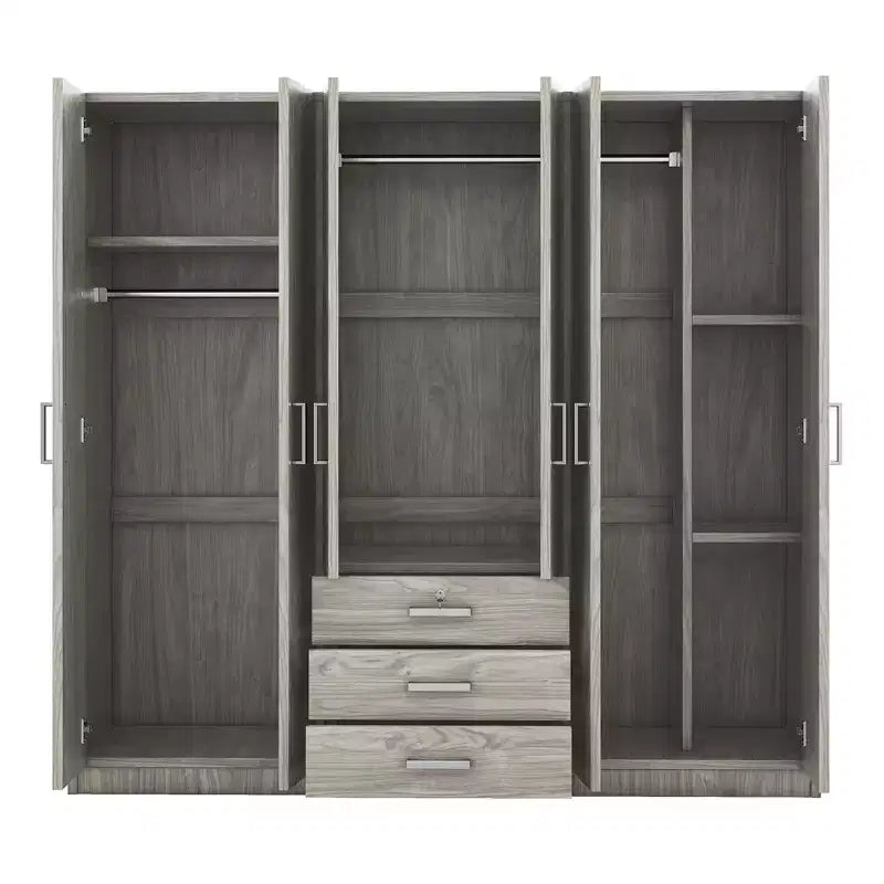 Roupeiro de madeira com 6 portas e gavetas para quarto