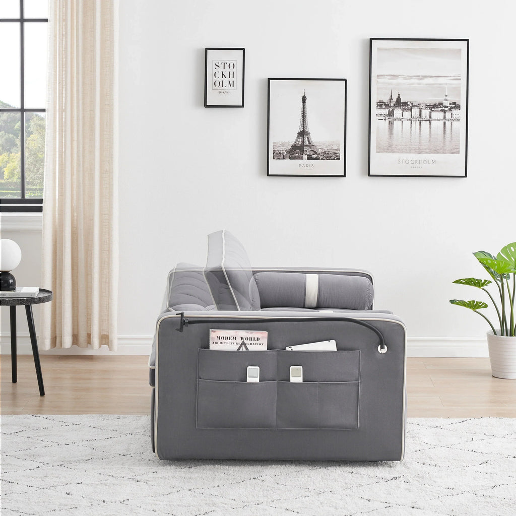 Sofá-Cama Convertível de Veludo para 2 Pessoas, com 55', Cama Extensível, Encosto Reclinável Ajustável, Bolsos Laterais e Suporte para Telemóvel