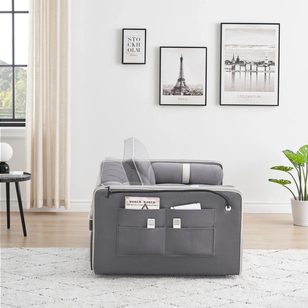 Sofá-Cama Convertível de Veludo para 2 Pessoas, com 55', Cama Extensível, Encosto Reclinável Ajustável, Bolsos Laterais e Suporte para Telemóvel
