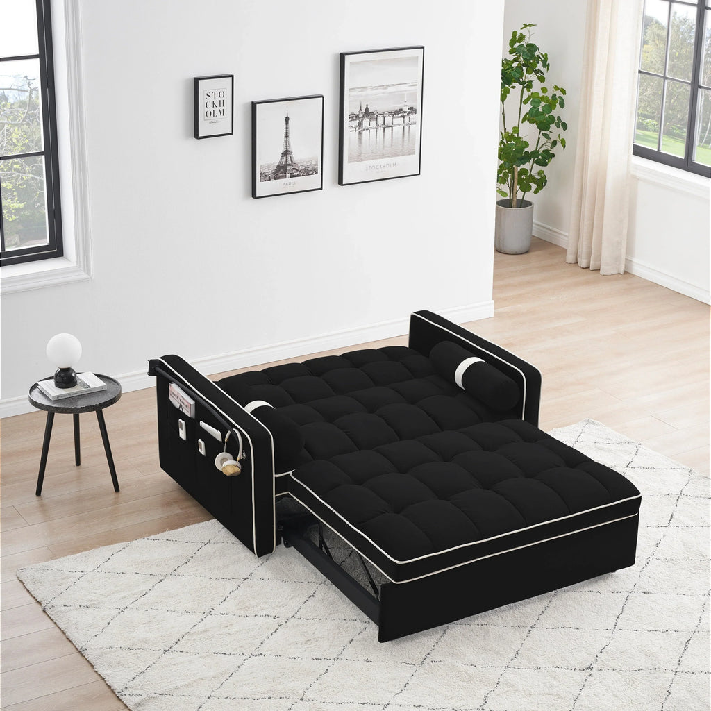Sofá-Cama Convertível de Veludo para 2 Pessoas, com 55', Cama Extensível, Encosto Reclinável Ajustável, Bolsos Laterais e Suporte para Telemóvel