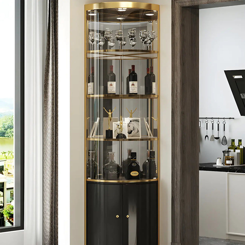Vitrina de canto glamorosa com vidro brilhante e metal dourado, de formato arredondado