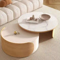 Moderner runder Couchtisch, Tischplatte aus Stein, naturbelassenes Holz – 50 x 31,5